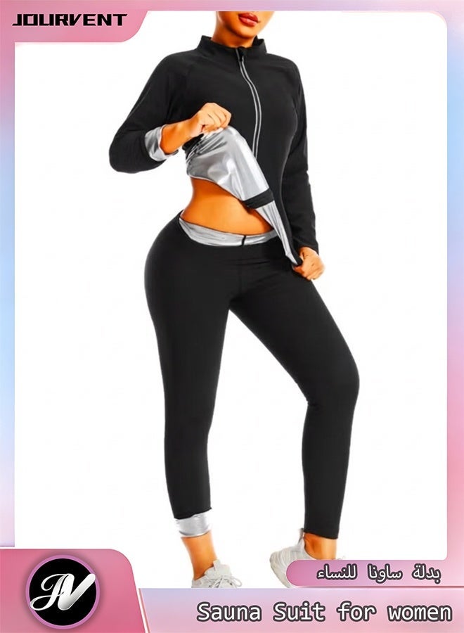 Jourvent Women's Sauna Suit Sweat Set for Weight Loss, Zipper Long Sleeve Top & High-Waist Shaping Pants with Gloves ,Socks & Hat - Image 5